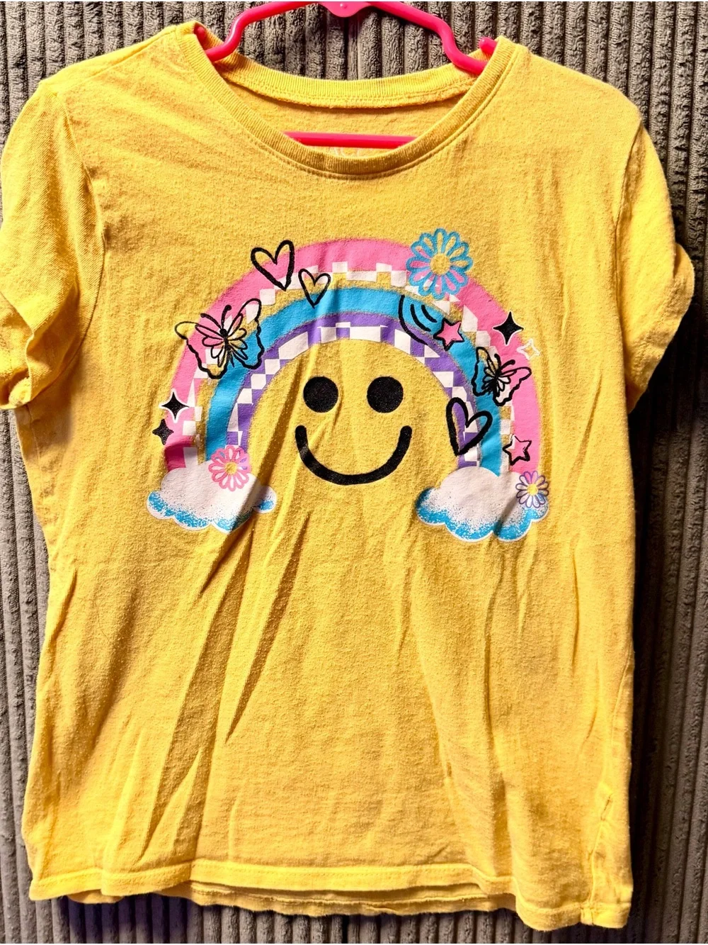 Place Yellow Tee with Rainbow Smiley Graphic